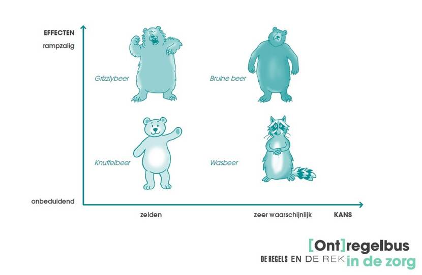Een visuele weergave van de vier soorten beren op de weg: de grizzlybeer, de bruine beer, de knuffelbeer en de wasbeer